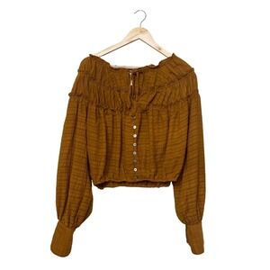 Free People Mustard Yellow Ruffle Off Shoulder Button Front Crop Blouse Large